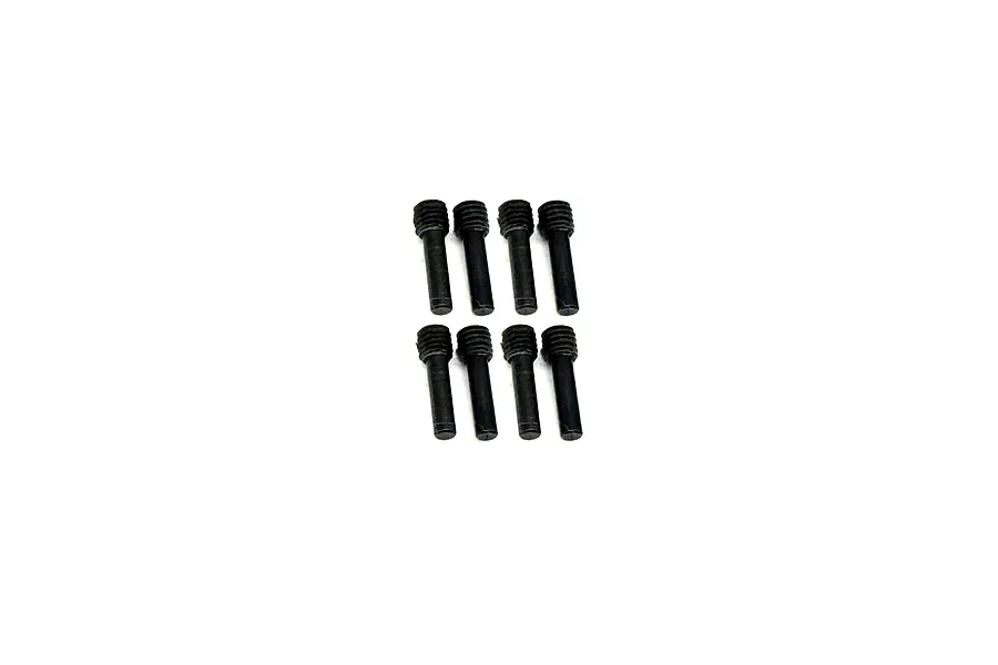 Eight black metal partial thread grub shaft screws arranged in two rows of four on a white background.