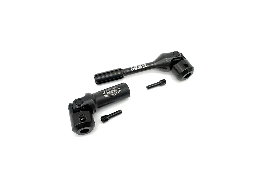 Two black Reefs RC 56mm aluminium CVD driveshafts with included set screws on a white background.
