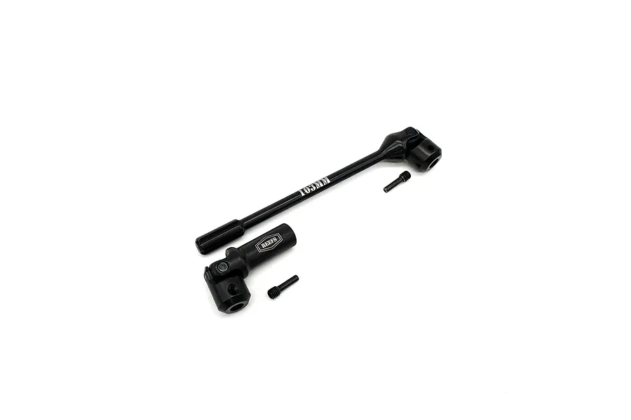 Reefs RC black aluminium 103mm CVD driveshaft components including the shaft, coupler, and two grub screws on a white background.