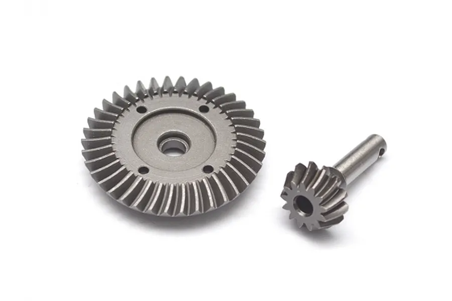 A hardened steel bevel gear set including one large ring gear and one small pinion gear on a white background.