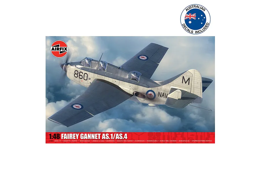 Airfix 1/48 scale Fairey Gannet AS.1/AS.4 plastic model kit box art showing the aircraft in flight with Australian Navy markings.