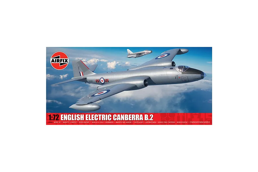 Airfix 1/72 scale English Electric Canberra B.2 model kit box art featuring a silver bomber flying over clouds.