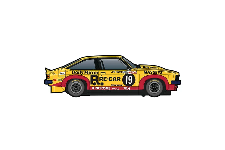 Side profile of a yellow and red Scalextric 1/32 scale Holden A9X Torana slot car, race number 19, featuring various sponsor decals.