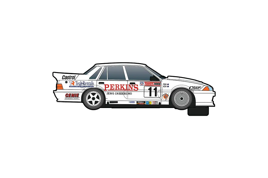 Side profile view of a white Scalextric 1/32 scale Holden VL Commodore slot car, number 11, featuring Perkins Engineering racing livery.