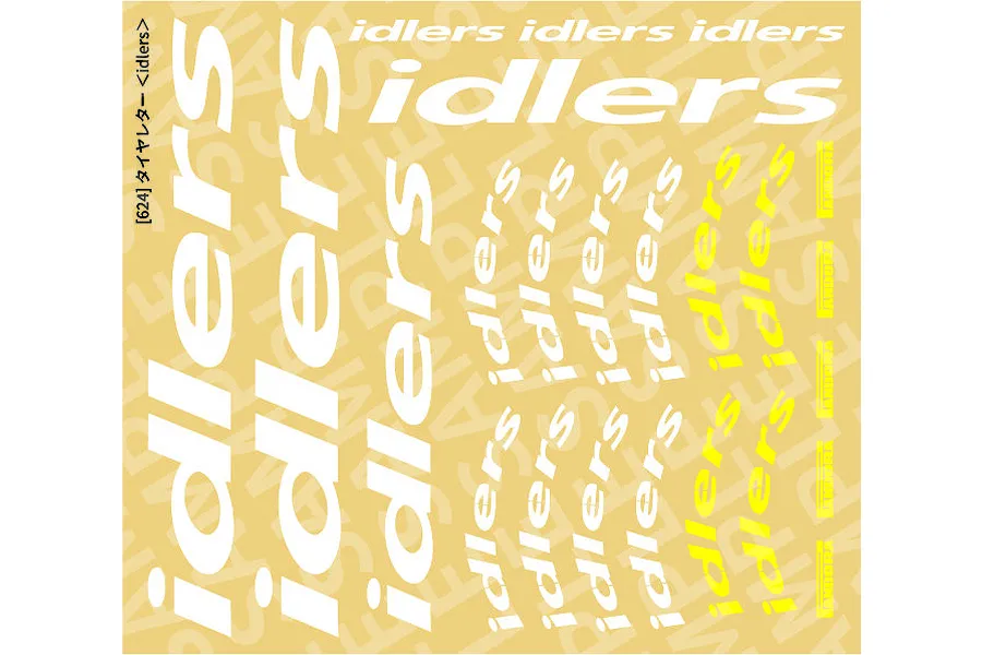 A sheet of white Idlers tyre decals on a light yellow backing paper, featuring various sizes of the Idlers logo.