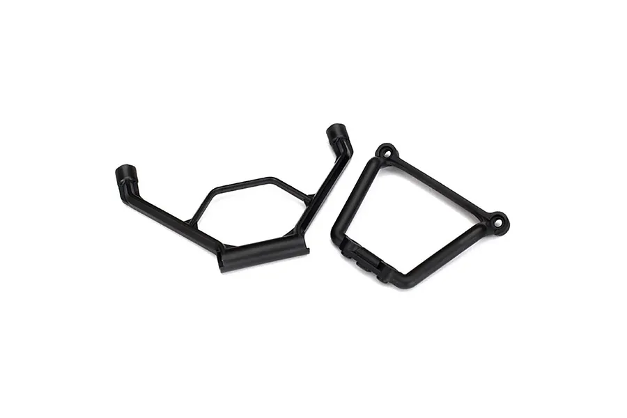 Two black plastic RC car bumper mount and brace components shown on a white background.
