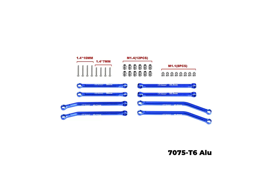 A set of blue anodized aluminium suspension linkages for RC cars, including various lengths of rods, screws, and ball ends, laid out on a white background.