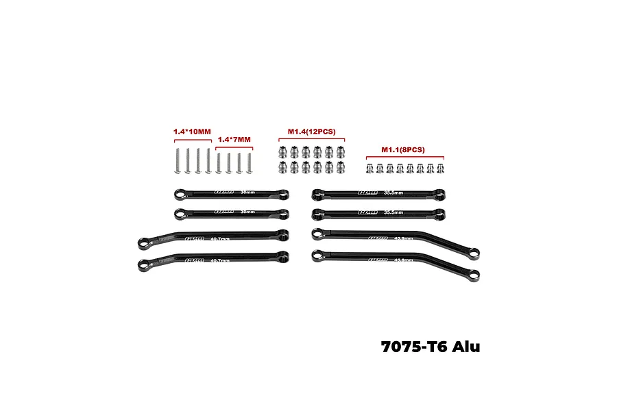 GPM Racing black aluminium suspension linkage set with screws and ball ends, laid out on a white background.