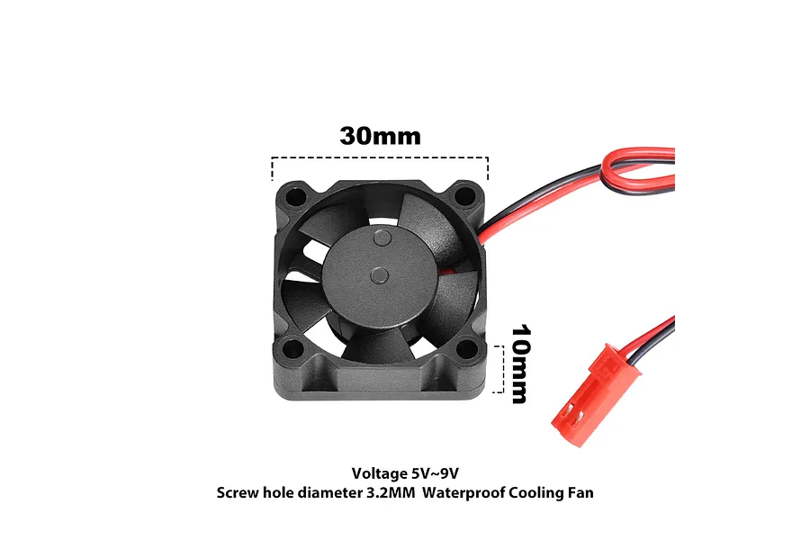 A black 30x10mm RC cooling fan with red and black wires and a red JST connector, shown against a white background with dimension labels.