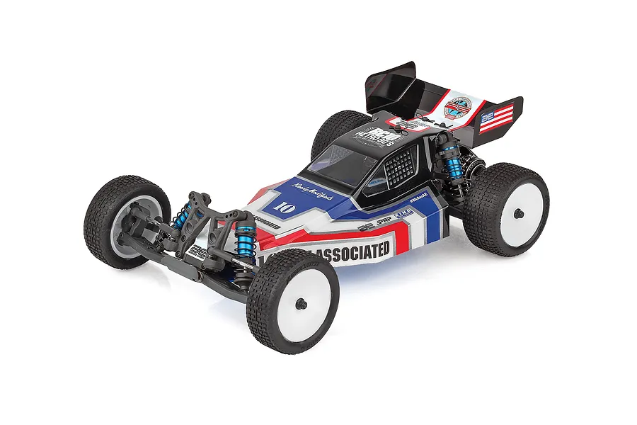 Team Associated RB10 1/10 scale 2WD RC buggy with a retro-inspired red, white, and blue body shell on a white background.