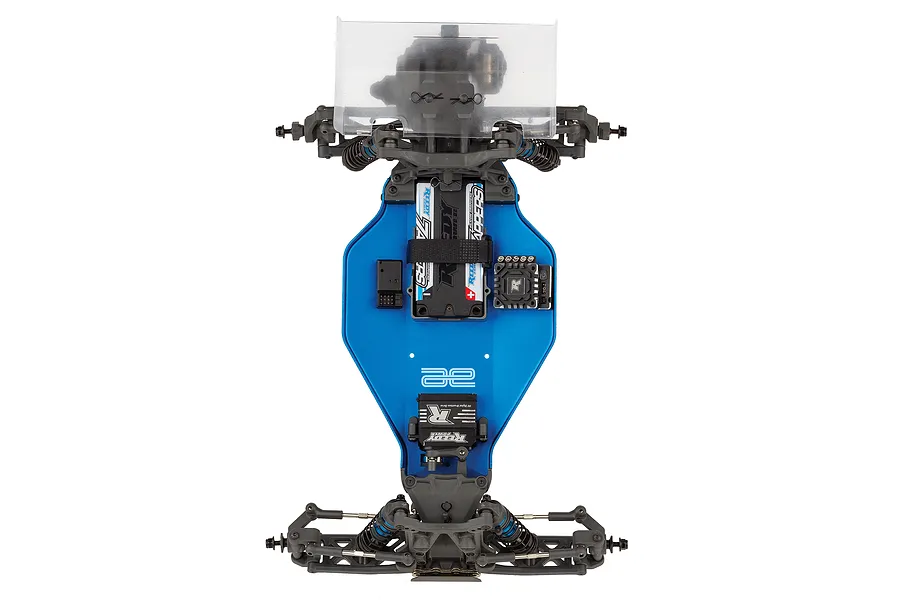 Top-down view of a Team Associated RB10 RC buggy chassis featuring a blue anodized aluminum main plate, Reedy electronics, and black plastic suspension components.