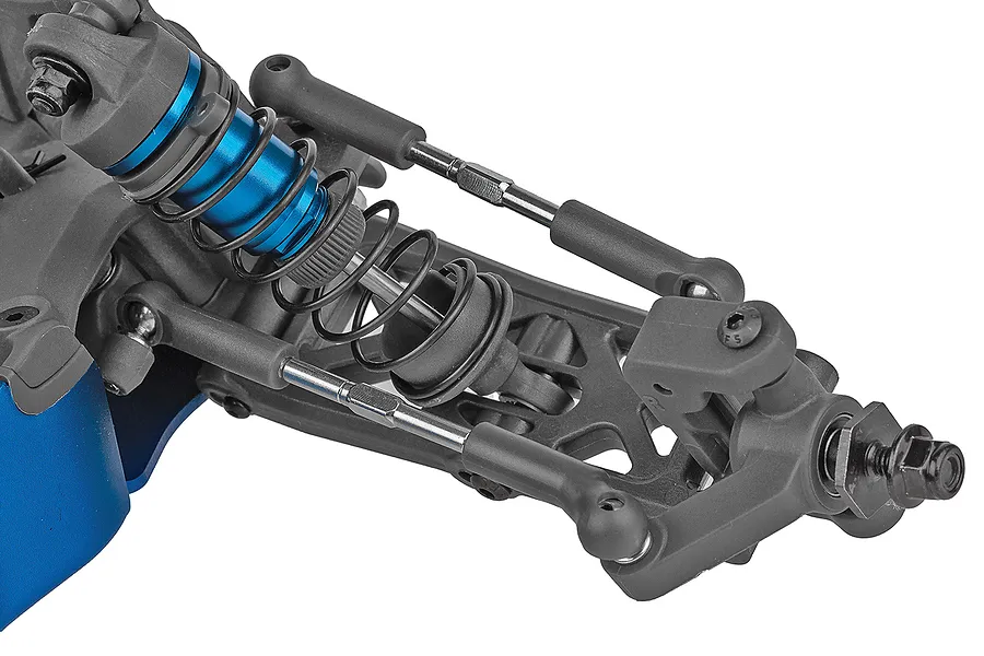 Close-up of the front suspension assembly of a Team Associated RC buggy, featuring a blue anodized shock absorber, black plastic control arms, and linkages.