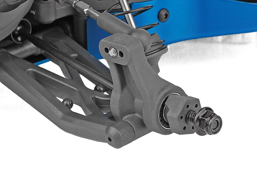 Close-up of the front suspension assembly on a Team Associated RC buggy, showing the black plastic steering knuckle, suspension arm, and blue chassis plate.
