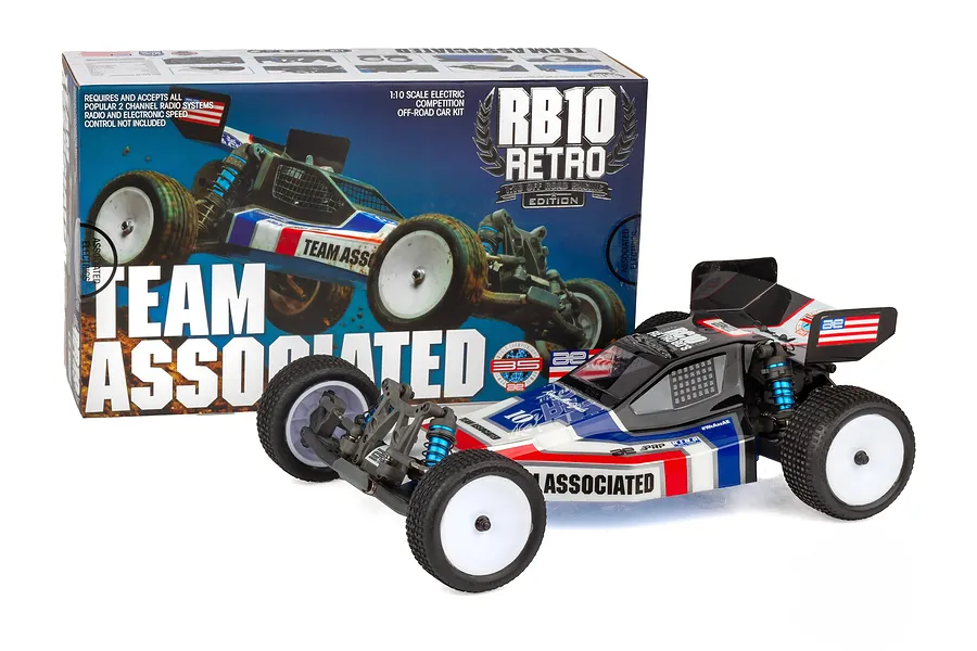 Team Associated RB10 Retro 1/10 scale 2WD electric RC buggy kit shown in front of its product packaging box.