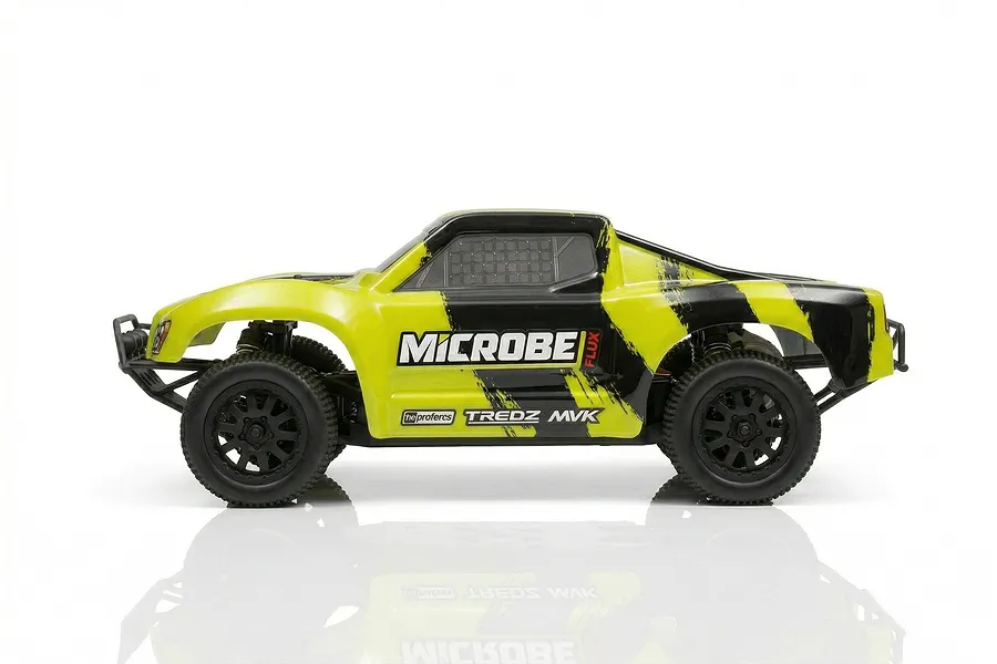 Side profile of a yellow and black Maverick MiCROBE SC Flux RC short course truck on a white background.