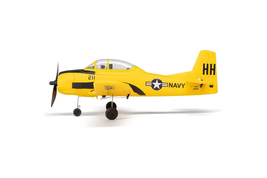 Side profile of a yellow HobbyZone T-28 Trojan RC plane with black markings, US Navy insignia, and landing gear on a white background.