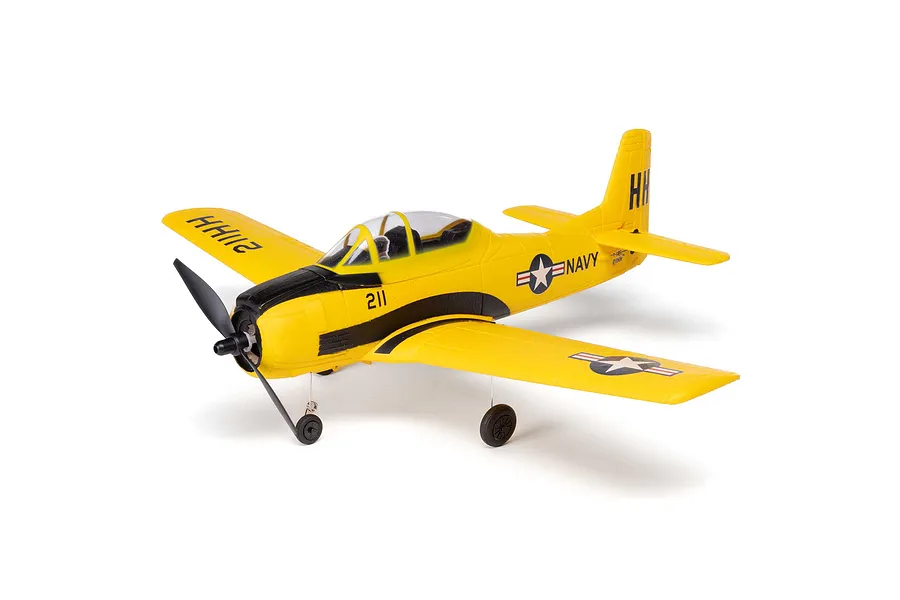 A yellow HobbyZone T-28 Trojan RC plane with black markings and US Navy insignia, shown from a high-angle side view against a white background.