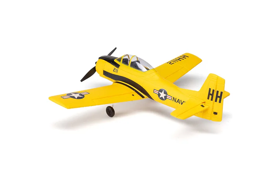 A studio shot of the HobbyZone T-28 Trojan RC plane in yellow and black livery, viewed from a high rear angle against a white background.