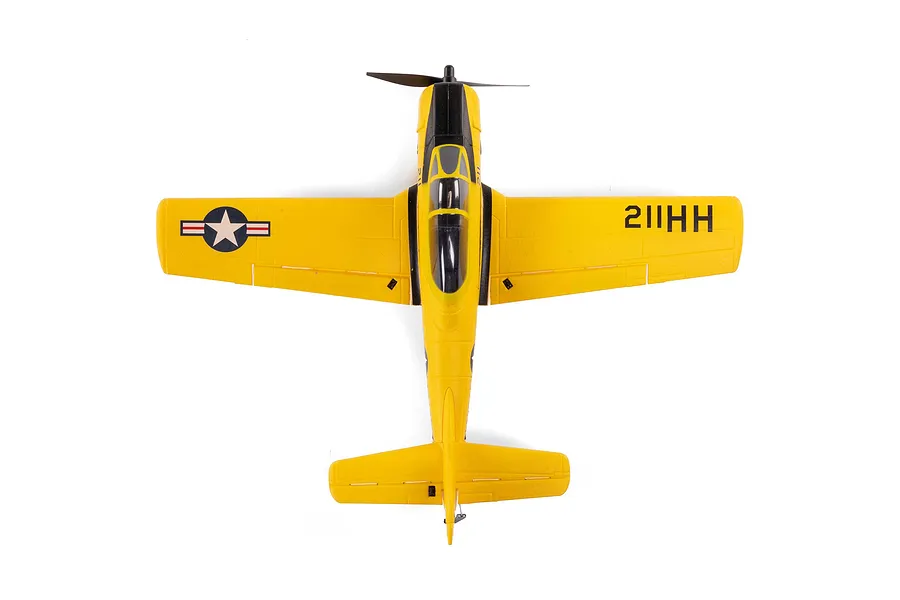 Top-down view of a yellow HobbyZone T-28 Trojan RC plane with black markings and a propeller, set against a white background.