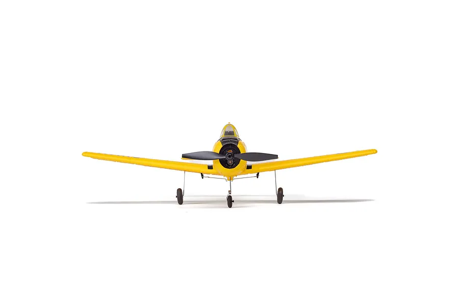 Front view of the HobbyZone T-28 Trojan RC plane in yellow and black livery, featuring a tricycle landing gear configuration on a white background.