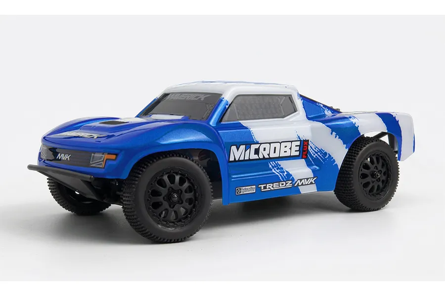 Maverick MiCROBE SC Flux RC Short Course Truck in blue and white livery on a white background.