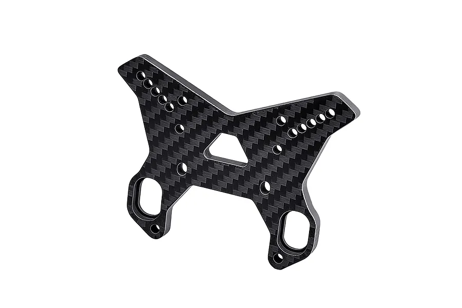 A black carbon fibre front shock tower for an RC car with multiple mounting holes and a triangular cutout.