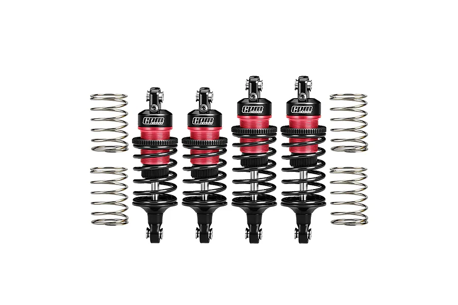 A set of four GPM Racing aluminium RC shock absorbers in red and black, with two additional loose springs on each side.