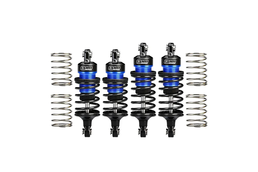 Four GPM Racing aluminium shock absorbers in blue and black, with two additional loose springs, displayed against a white background.