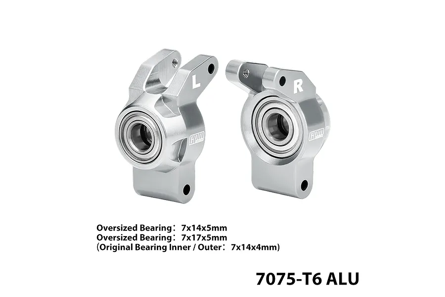 A pair of silver GPM Racing aluminium rear hubs for RC cars, featuring pre-installed bearings and L/R markings on a white background.