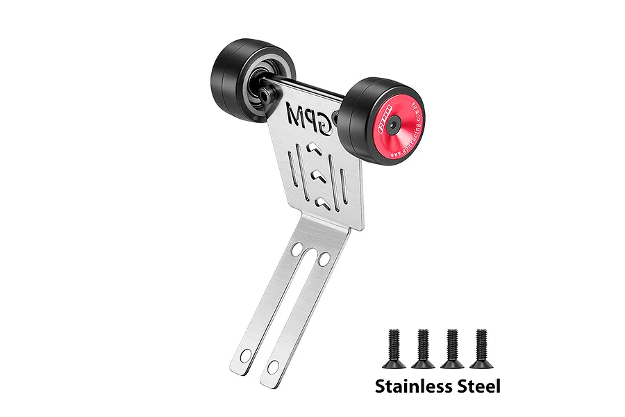 GPM Racing stainless steel wheelie bar with red aluminium wheel rims and four mounting screws.