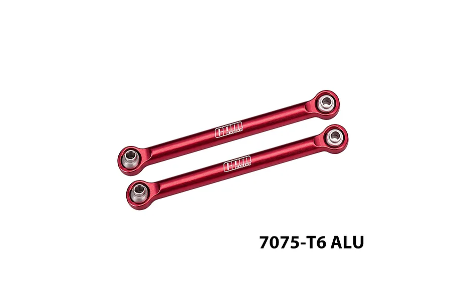 Two red anodized aluminium steering toe links from GPM Racing with silver metal pivot balls, isolated on a white background.