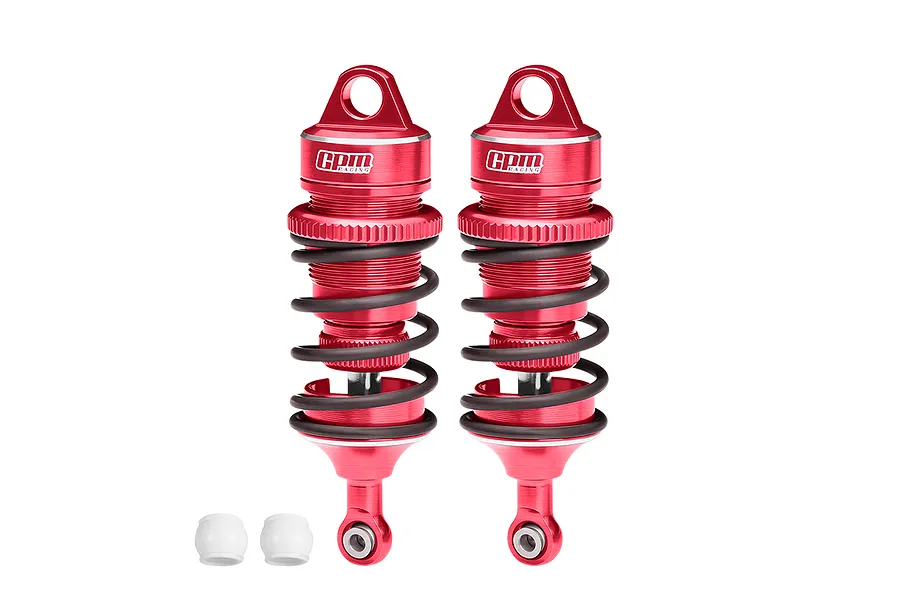 Two red GPM Racing aluminium adjustable RC shock absorbers with black springs, shown against a white background.