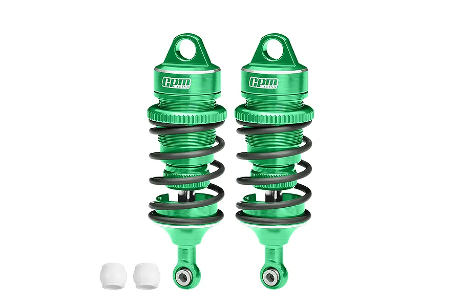 Two green GPM Racing aluminium adjustable RC shock absorbers with black springs and two white ball joint inserts on a white background.