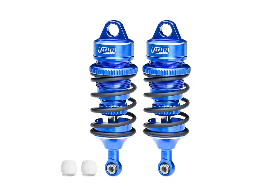 Two GPM Racing blue aluminium adjustable RC shock absorbers with black springs and two white plastic ball ends on a white background.