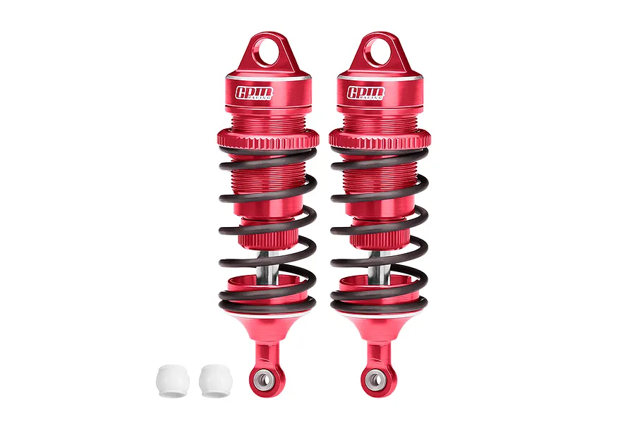 Two red GPM Racing aluminium adjustable RC shock absorbers with black springs and two small white plastic pivot balls on a white background.