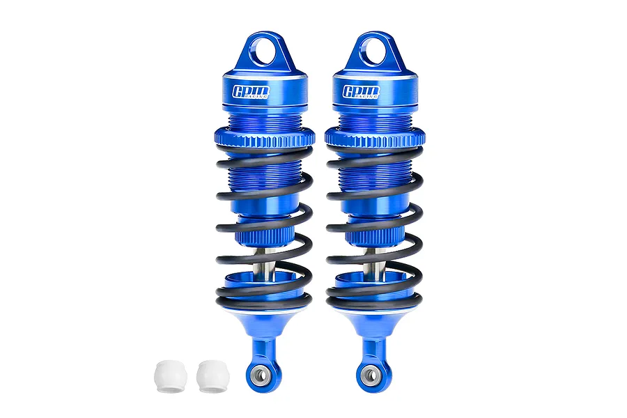 Two blue GPM Racing aluminium adjustable RC shock absorbers with black springs and two small white plastic ball joint inserts on a white background.