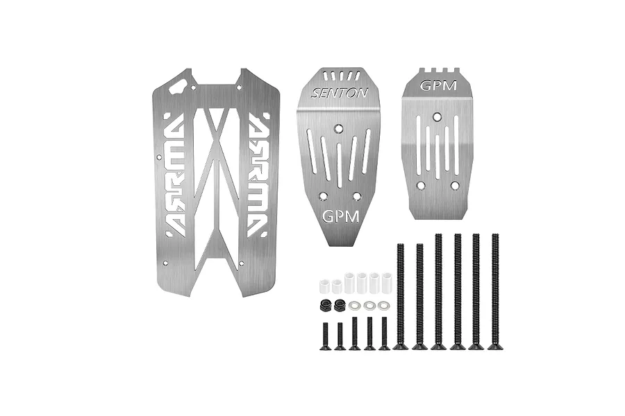 GPM stainless steel chassis skid plate set for Arrma Senton RC vehicle, including main plate, two smaller guards, screws, spacers, and nuts.