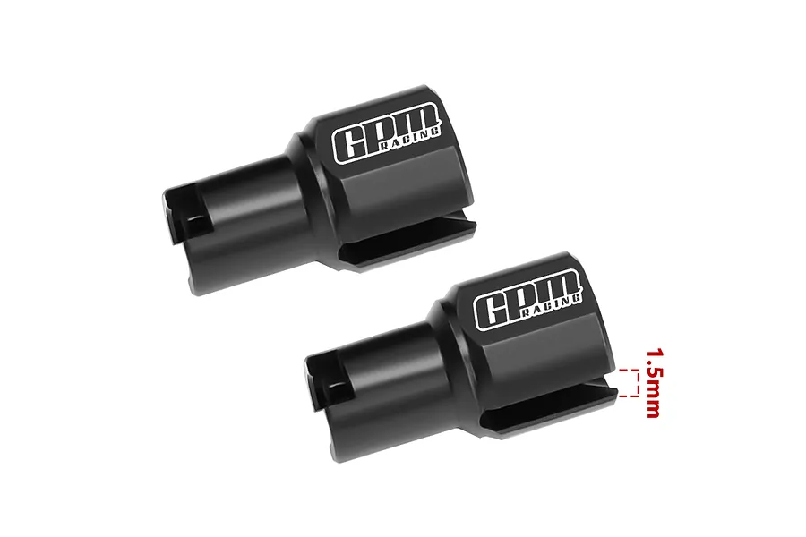 Two black GPM Racing carbon steel differential outdrive cups for RC cars, shown against a white background with a 1.5mm measurement indicator.