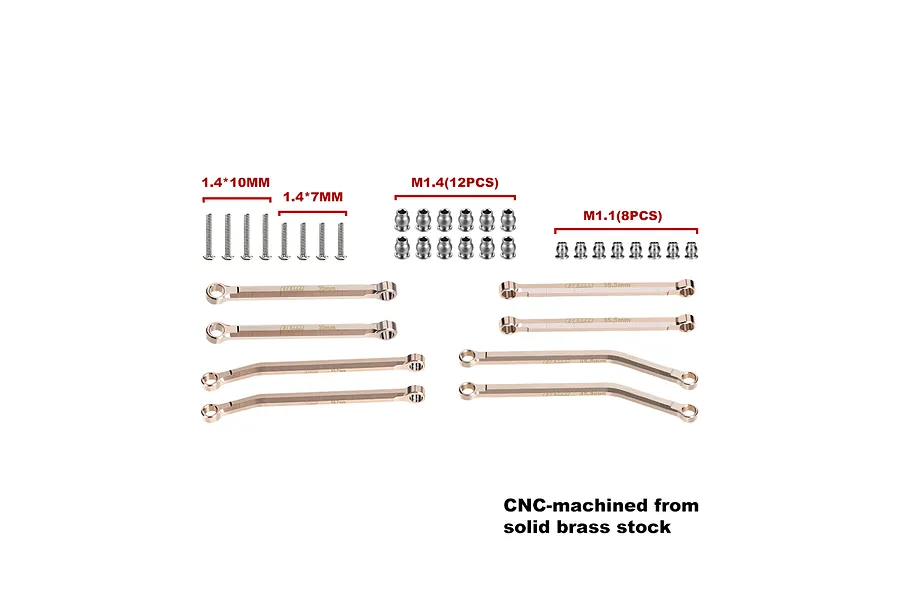 A set of GPM Racing brass weighted linkages and hardware for RC cars, including various lengths of rods, screws, and ball ends on a white background.