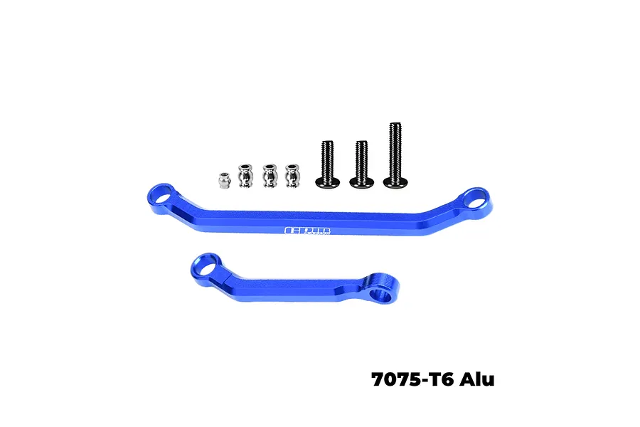 GPM Racing blue aluminium drag link set for RC cars, including two blue links, metal ball joints, and screws on a white background.