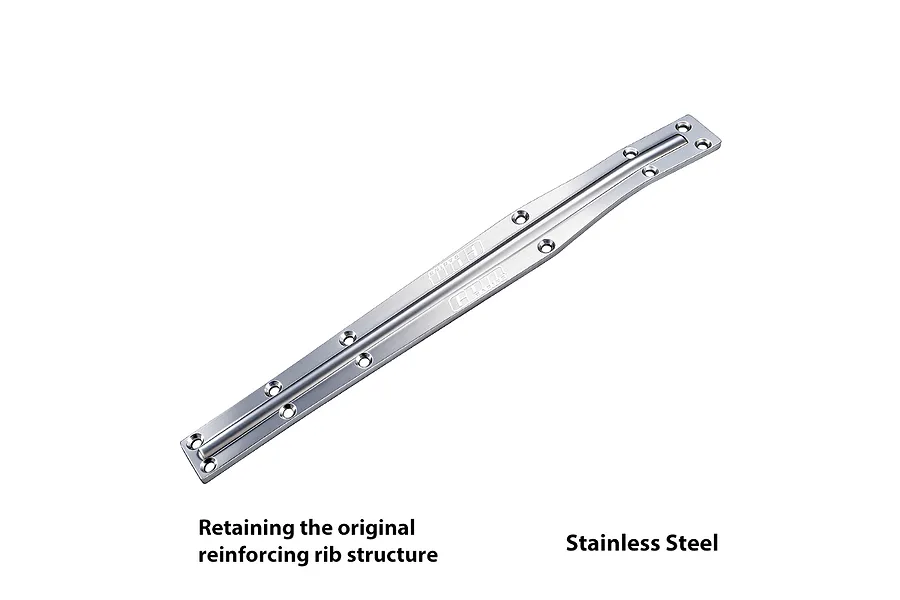 A silver GPM Racing stainless steel chassis brace or skid plate with a central reinforcing rib and multiple countersunk screw holes.