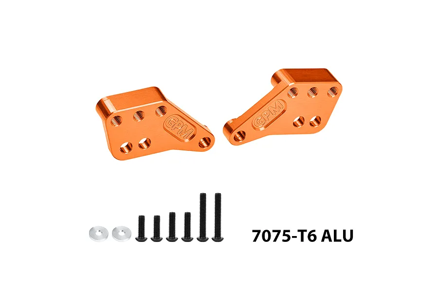Two orange anodized aluminium GPM Racing shock mounts with included screws and washers on a white background.
