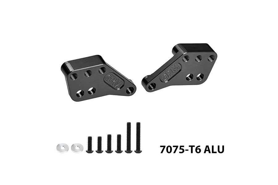 A pair of black GPM Racing aluminium shock mounts with mounting screws and washers on a white background.
