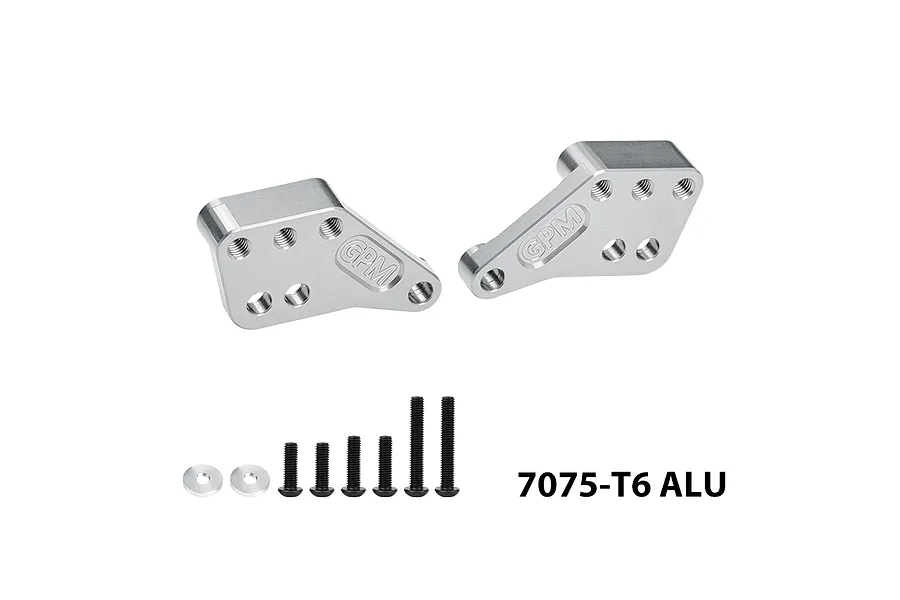 Two silver GPM Racing aluminium shock mounts with mounting screws and washers on a white background.