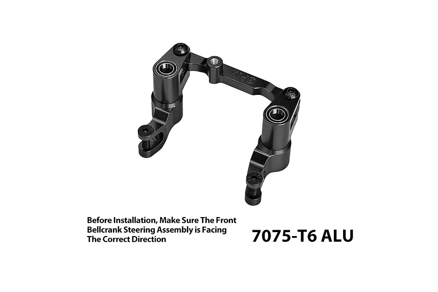 A black GPM Racing aluminium steering bell crank and drag link assembly for RC cars, shown on a white background with installation text.
