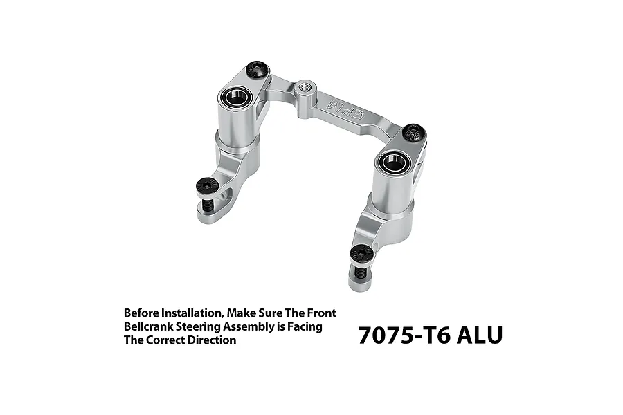 A silver GPM aluminium steering bell crank and drag link assembly for RC cars, shown on a white background with installation text.
