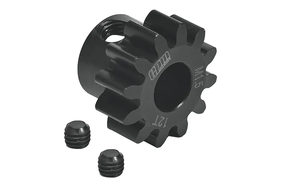A black GPM Racing 12T 1.5Mod pinion gear with two grub screws on a white background.