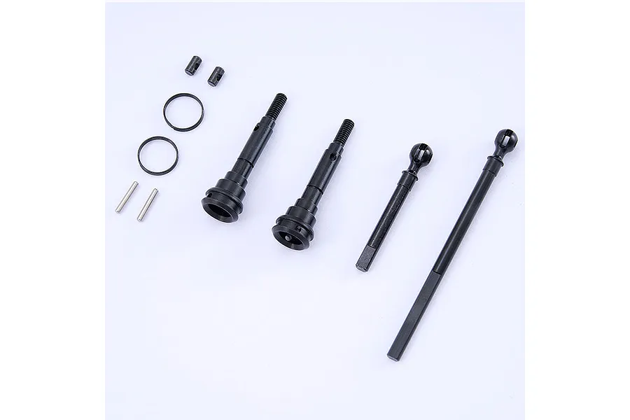 FMS steel front CVD driveshaft set components including shafts, pins, and clips on a white background.