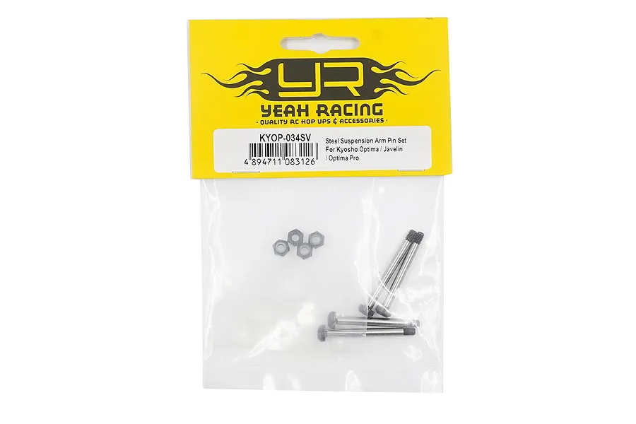 Yeah Racing steel suspension arm pin set for Kyosho Optima, Javelin, and Optima Pro in original retail packaging.