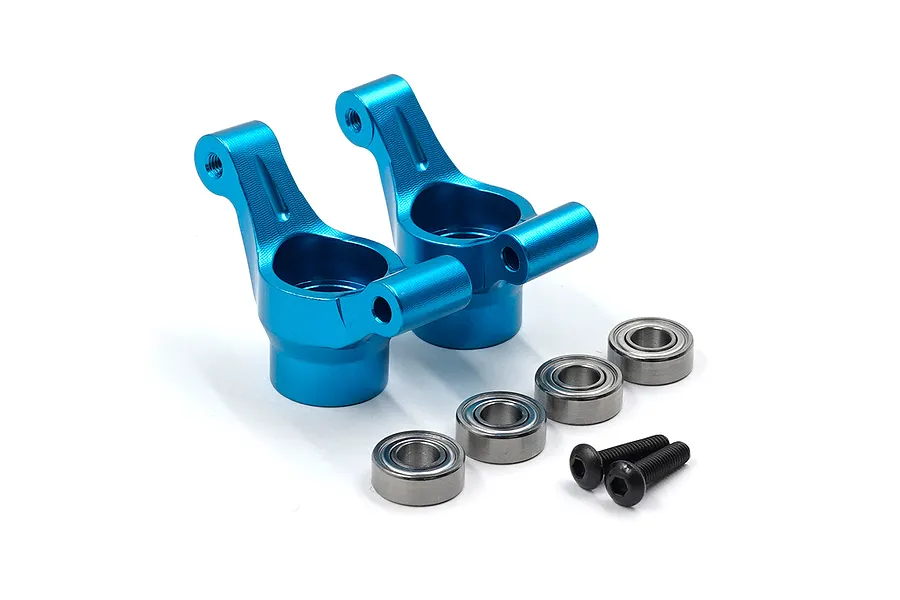 A set of two blue anodized aluminium RC rear hubs with four ball bearings and two black screws on a white background.